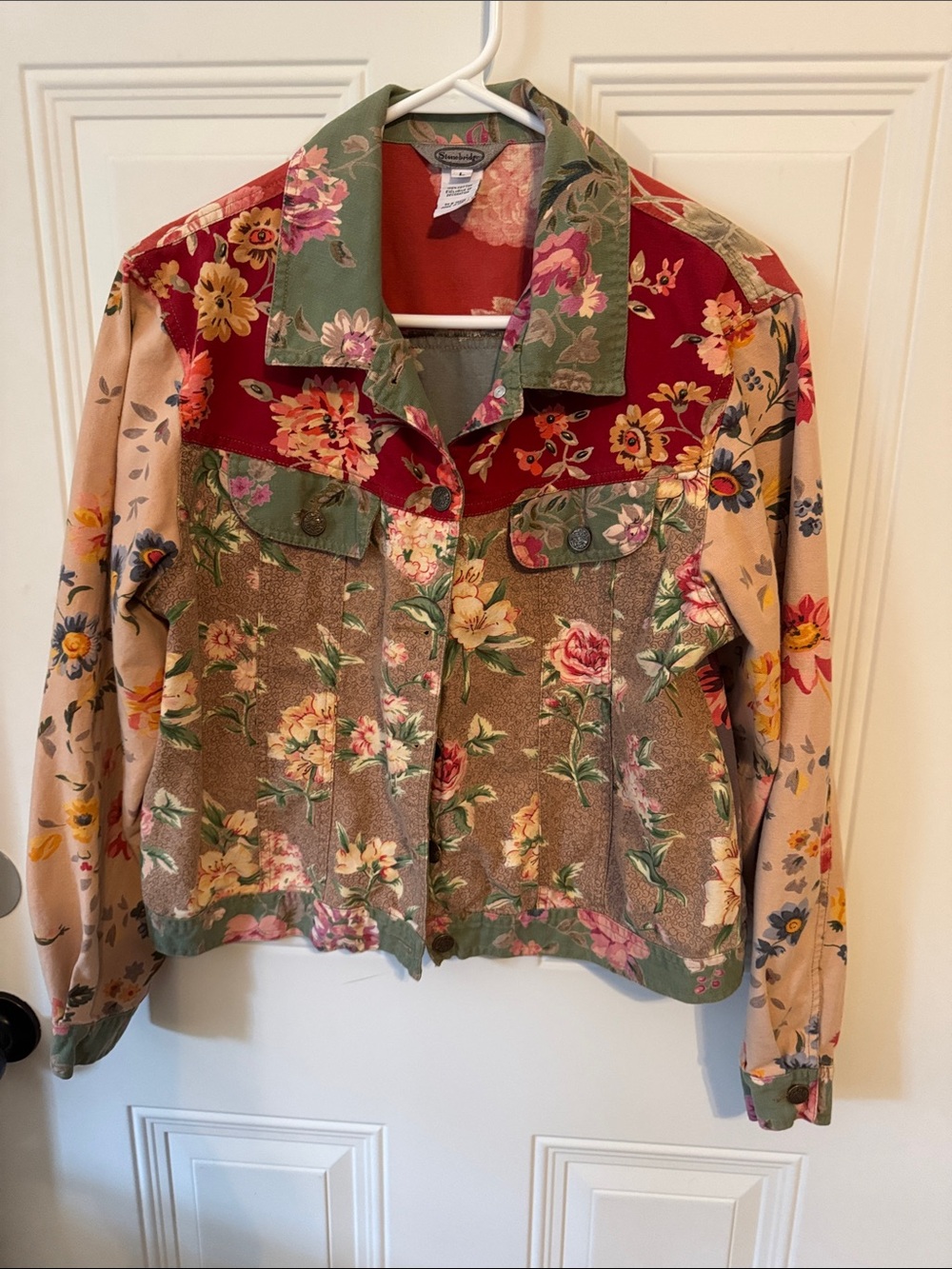 Patchwork Floral Jean Jacket in Red, Green & Beige